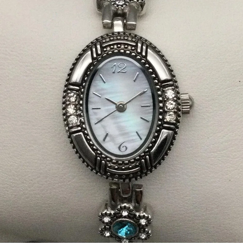 Womens Watch 19mm Silver Tone Oval White MOP Bracelet Gemmed New Battery 7.75